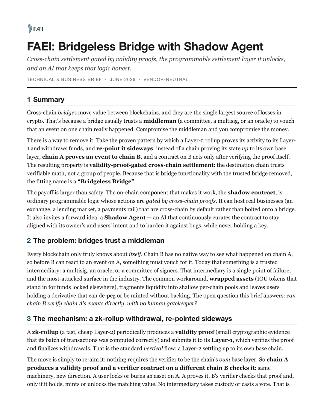 Cover of the FAEI Bridgeless Bridge technical and business brief